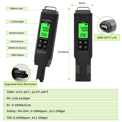 YIERYI YG-9909 Tester digitale 5 in 1 per la qualità dell'acqua Tester di pH ad alta precisione per giardini agricoli