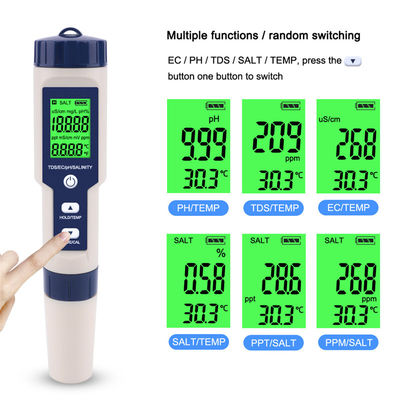 Tester di qualità dell'acqua 5 in 1 PH/TDS/EC/Salinità/Temperatura per acquario domestico e laboratorio