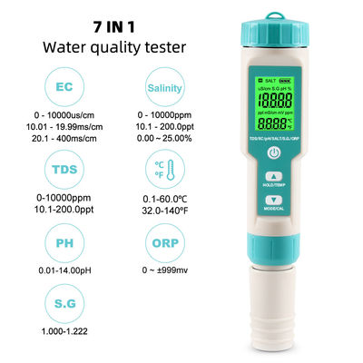 Tester di qualità dell'acqua 7 in 1 EC/Salinità/TDS/Temperatura/pH/ORP/S.G per acquacoltura e laboratori domestici