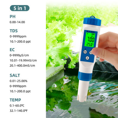 Smart 5 in 1 Bluetooth Water Quality Tester - pH/TDS/EC/Salt/Temp Meter per la casa, l'acquacoltura e l'idroponica