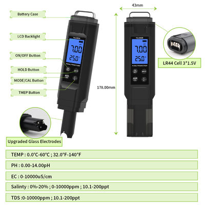 Tester di qualità dell'acqua 5 in 1 - Misuratore pH/Sale/TDS/EC/Temperatura per acquario, piscina e casa