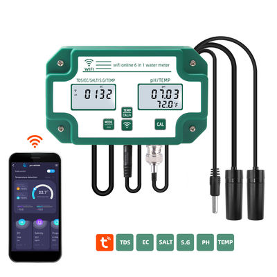 Tester di qualità dell'acqua 6 in 1 con WiFi Monitor remoto PH / TDS / EC / Sale / S.G / Temperatura per acquario, piscina, laboratorio