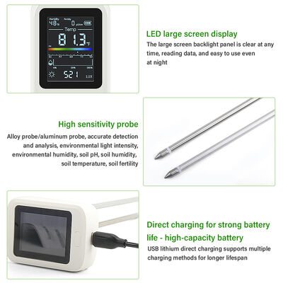 Tester del suolo 6-in-1 con display LED Ricaricabile USB Type-C e schermo LCD ruotabile per giardinaggio e agricoltura