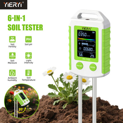 Tester del suolo YIERYI 6 in 1 con display ruotabile di 90° per un funzionamento in un unico passaggio - Misura pH, fertilità, umidità, luce, temperatura e umidità