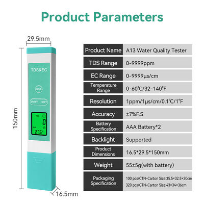 TDS-metro ad alta precisione per sondaggio di acque in lega di titanio durevole con gamma TDS da 0 a 9999 ppm e misurazione del pH multiparametrale
