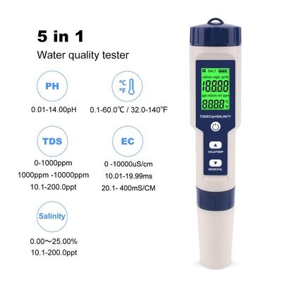 Tester digitale di qualità dell'acqua 5 in 1 con resistenza all'acqua IP67 e elettrodo staccabile ad alta sensibilità per una misurazione precisa del pH EC TDS di salinità e temperatura