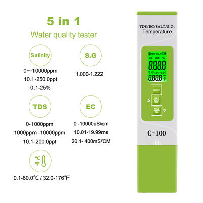 5 in 1 misuratore della qualità dell'acqua con display LCD di alta precisione e design compatto per piscina d'acquario