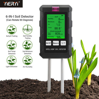 YiERYi 6-IN-1 Detettore di suolo 3.5-9pH/0-99% umidità/0-3000μs/cm Fertilità 90° schermo rotabile