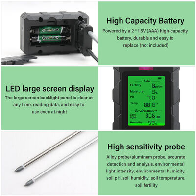 YiERYi 6-IN-1 Detettore di suolo 3.5-9pH/0-99% umidità/0-3000μs/cm Fertilità 90° schermo rotabile