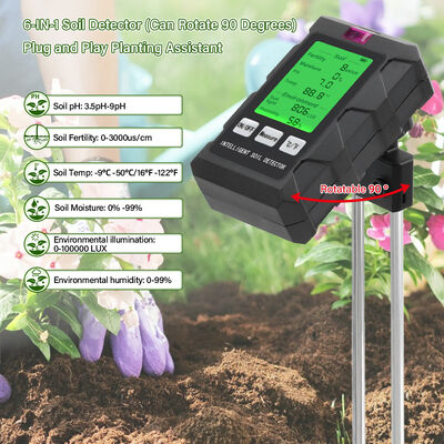 YiERYi 6-IN-1 Detettore di suolo 3.5-9pH/0-99% umidità/0-3000μs/cm Fertilità 90° schermo rotabile