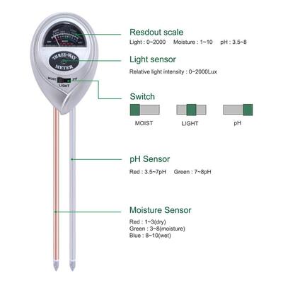 3 in 1 pH del suolo Umidità dell'acqua Misuratore di acidità Umidità Luce solare Piante da giardino Fiori Tester umidità Strumento strumento