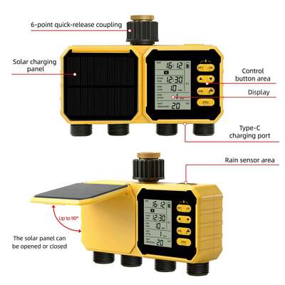 YiERYI Solar Water Timer 4 Outlet Irrigation Controller con sensore di pioggia Sistema automatico di irrigazione programmata con child lock per valvola di irrigazione per giardini
