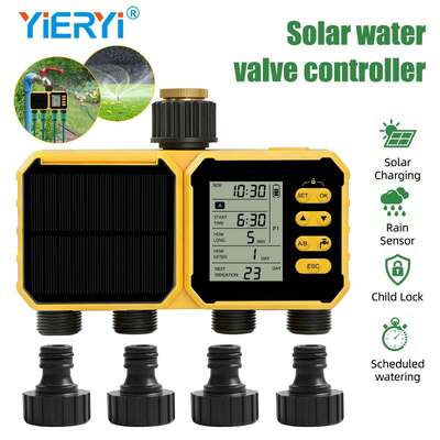 YiERYI Solar Water Timer 4 Outlet Irrigation Controller con sensore di pioggia Sistema automatico di irrigazione programmata con child lock per valvola di irrigazione per giardini