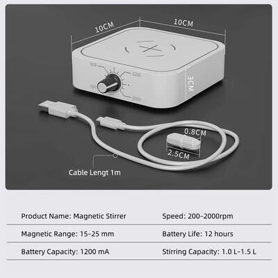 Mini Agitatore Magnetico, Miscelatore di Liquidi Portatile Ricaricabile tramite USB, Velocità Regolabile 200-2000 RPM, Capacità 1.0-1.5L, Apparecchiatura di Miscelazione Magnetica da Laboratorio a Bassa Tensione
