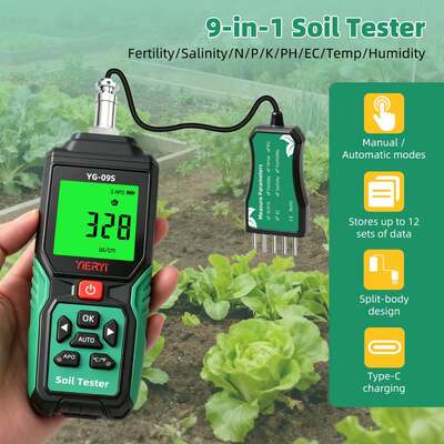 YG-09s9 Tester per suolo portatile 9 in 1 per PH/salinità/fertilità/azoto, fosforo, potassio/temperatura/umidità, può memorizzare e visualizzare 12 set di registrazioni