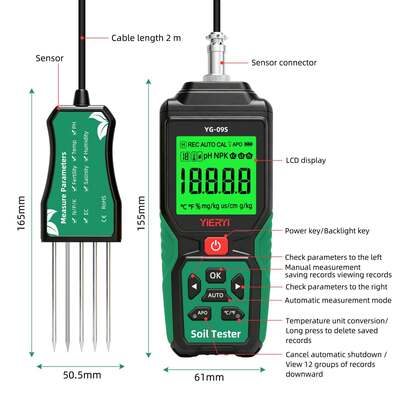 YG-09s9 Tester per suolo portatile 9 in 1 per PH/salinità/fertilità/azoto, fosforo, potassio/temperatura/umidità, può memorizzare e visualizzare 12 set di registrazioni