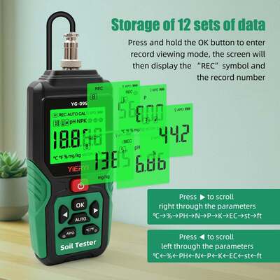 YG-09s9 Tester per suolo portatile 9 in 1 per PH/salinità/fertilità/azoto, fosforo, potassio/temperatura/umidità, può memorizzare e visualizzare 12 set di registrazioni