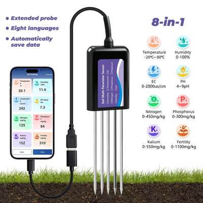 Tester del suolo connesso tramite USB-C aggiornato con funzione di archiviazione dati EC, temperatura, umidità, pH, fertilità e N-P-K