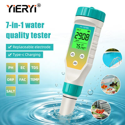 7 in 1 penna di prova della qualità dell'acqua, salinità del pH ORP TDS EC FAC TEMP, display con retroilluminazione verde simultanea, ricaricabile